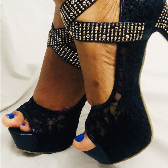 Krasceva Dark Blue Platform Studded Belted Heels - Picture 4 of 7